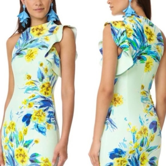 Black Halo / Pabla Sheath Dress Ruffled Floral Print tropical mini 2 - Picture 1 of 8